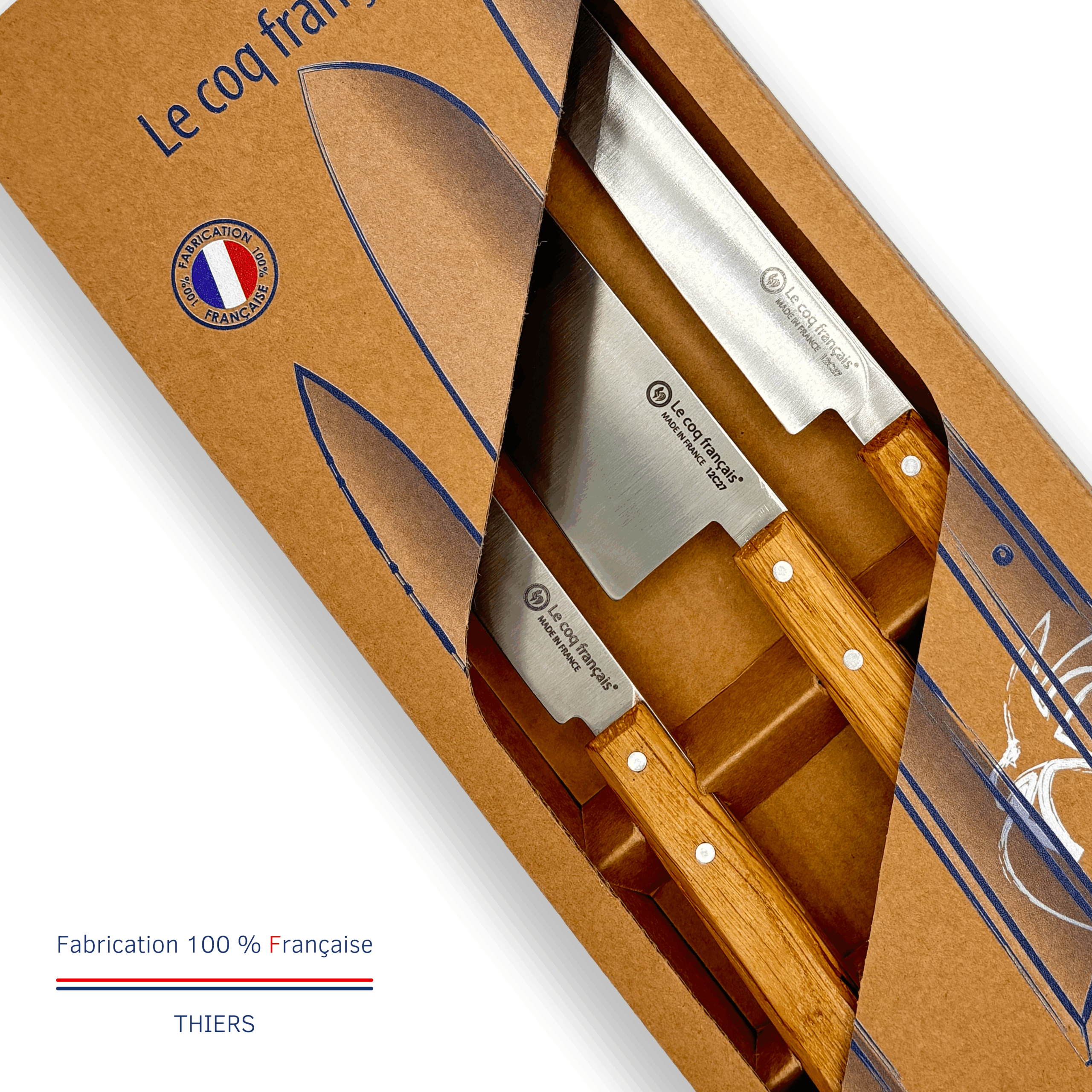 Zoom sur les lames en acier Sandvik 12C27 du coffret Le Coq en Cuisine