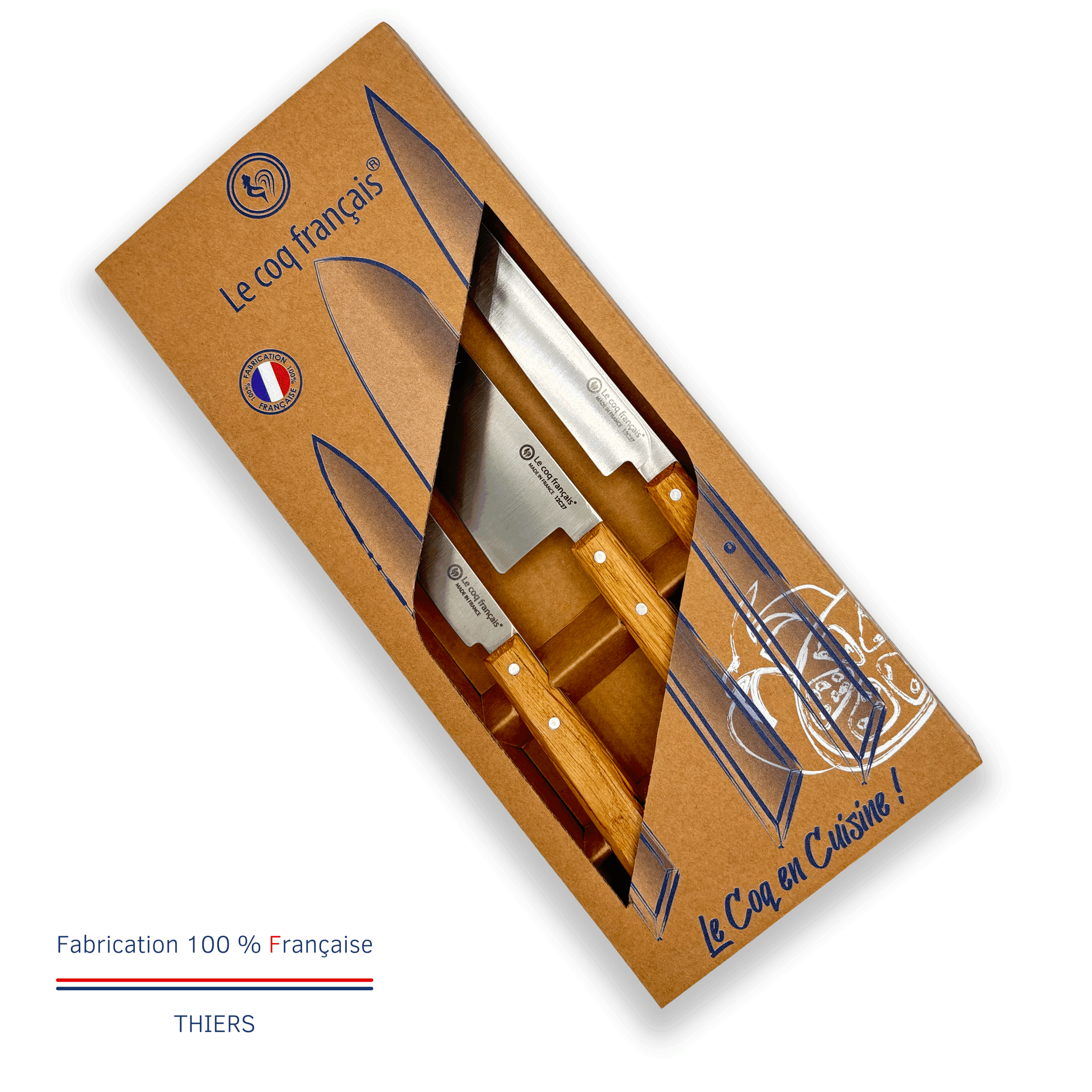 Coffret Le Coq en Cuisine avec trois couteaux Le Coq Français – Office, Découper et Santoku – fabrication 100 % française à Thiers