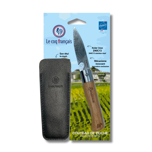 Couteau de poche pliant Le Coq Authentique Bordeaux en format carte duo avec étui simili cuir noir, idée cadeau artisanal fabriqué à Thiers Origine France Garantie