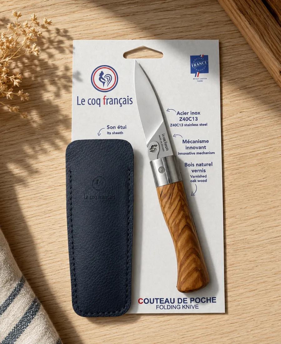 couteau authentique en chene et son étui le coq français