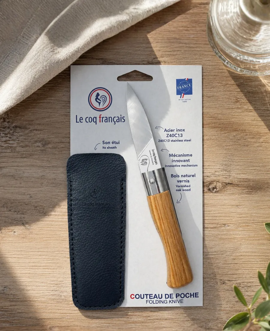 couteau authentique en chene et son étui le coq français