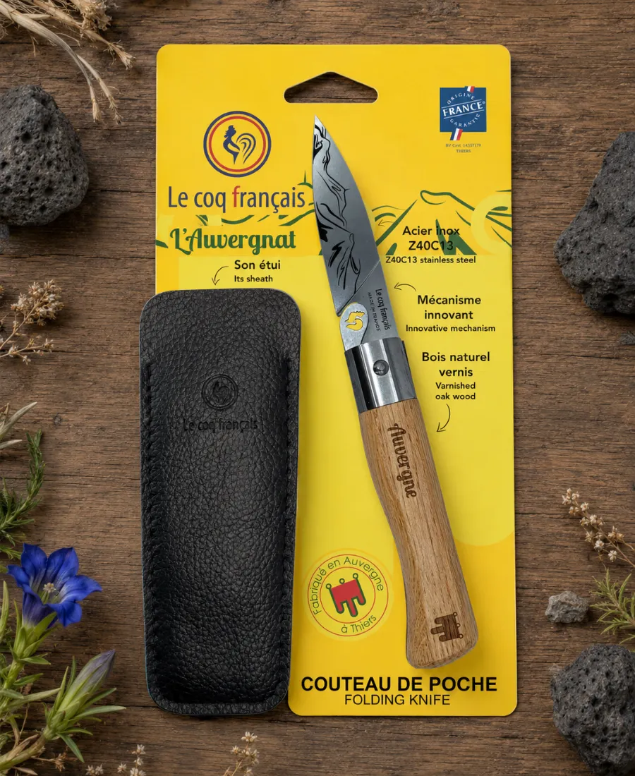 couteau de poche auvergne etui cuir made in france le coq francais