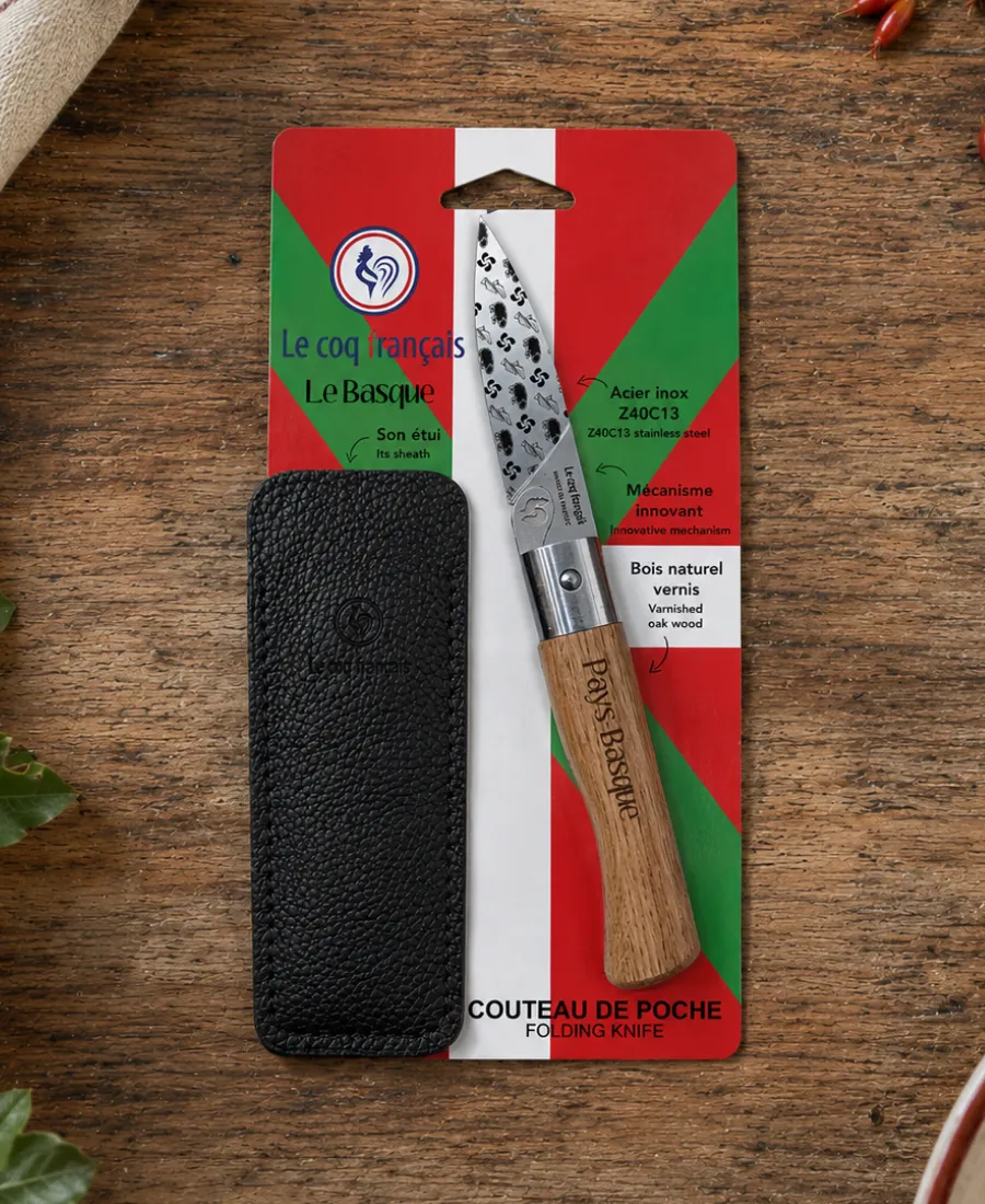 couteau de poche pays basque etui cuir made in france le coq francais