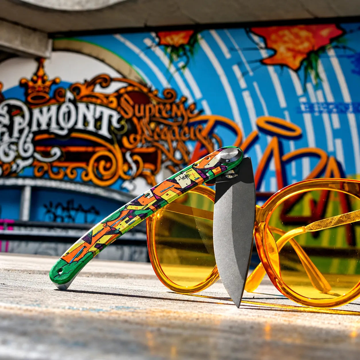 couteau graffiti et lunettes ambrées